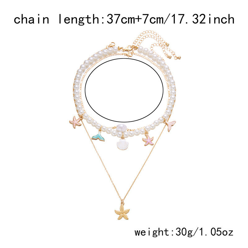 Wholesale Summer retro holiday style beach shell imitation pearl conch multi-layer women's necklace starfish pendant necklace set